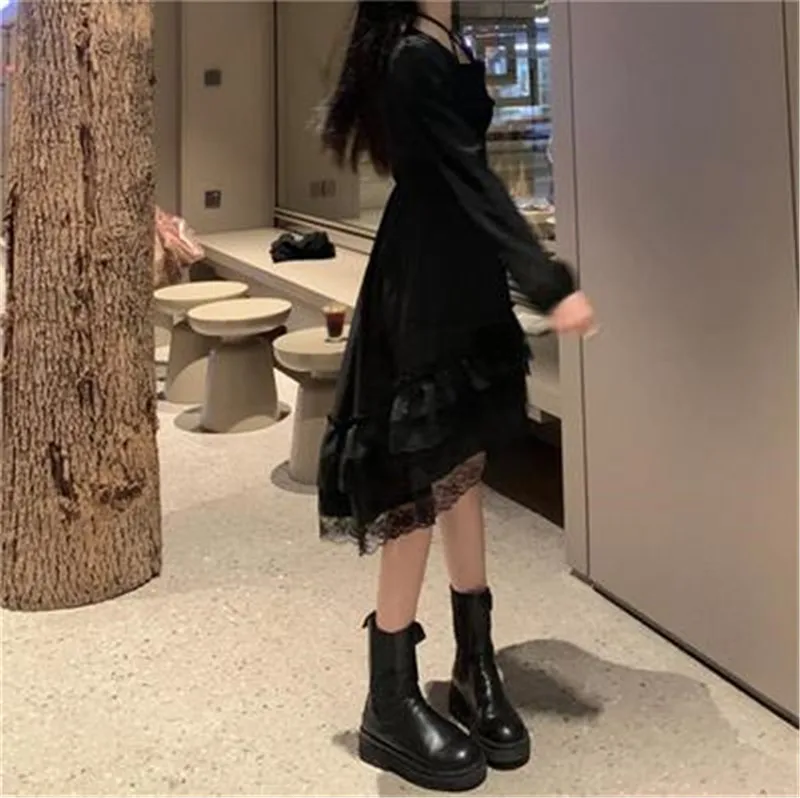 New Gothic Women Black Fairy Party Dress Cross Square Collar Lolita Princess Irregular Dress Cute Kawaii Lace Ruffles Chic Dress