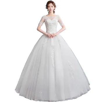 

Holievery In Stock Ball Gown Wedding Dress with Lace 2020 Short Sleeves Wedding Gowns Open Back Bride Dress vestido de noiva