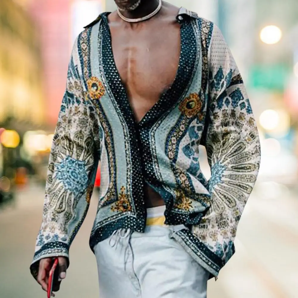 Men Ethnic Style Regular Shirt Printed Buttons Summer Casual All-Match Long Sleeve Lapel Top Party long sleeve shirt men casual shirt