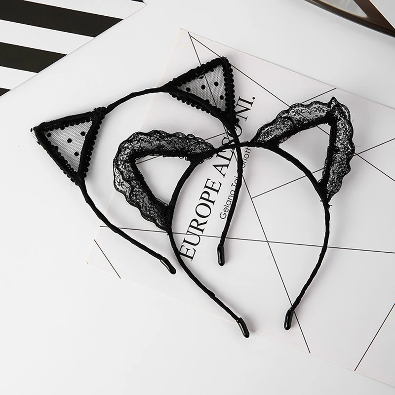 

Retro Hollow Black Lace Hair Bands Embroidered Cat Ears Headbands Cute Rabbit Ears Bowknot Headwear Hair Accessories For Women