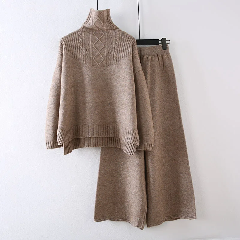 

2019 Autumn And Winter New Style Korean-style High Collar Slit Sweater + Loose-Fit Loose Pants Two-Piece Set Online Celebrity La