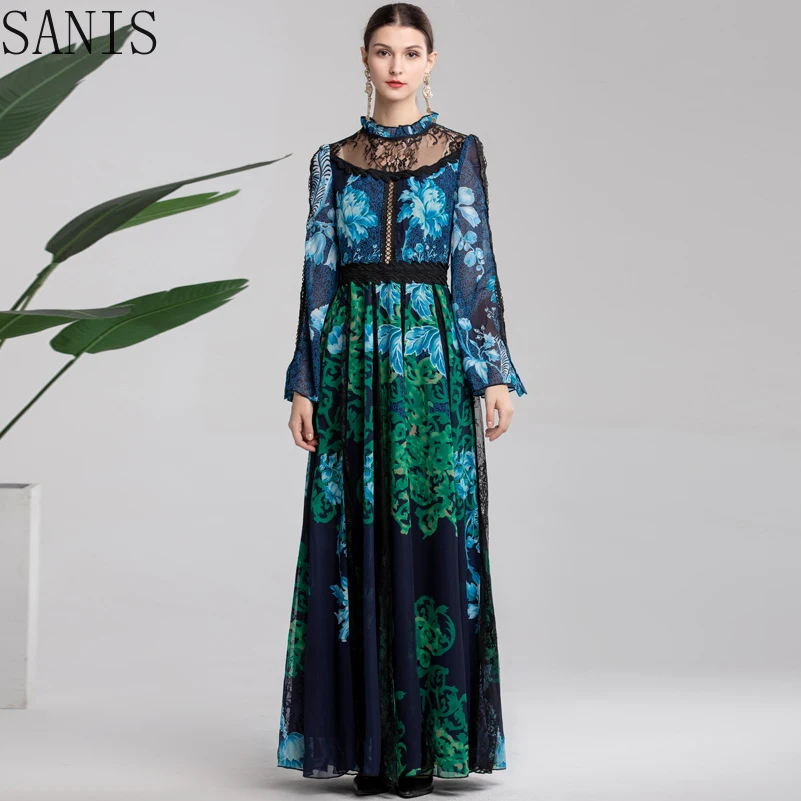 

SANIS 2020 summer runway Maxi dress Women Flare Sleeve Vintage Lace Patchwork Print Chiffon Bohemian Beach long Dress