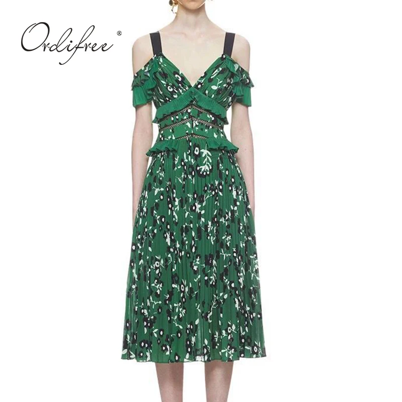 

Ordifree 2019 Summer Women Sexy Party Dress Backless Green Print Ruffle Chiffon Midi Dress