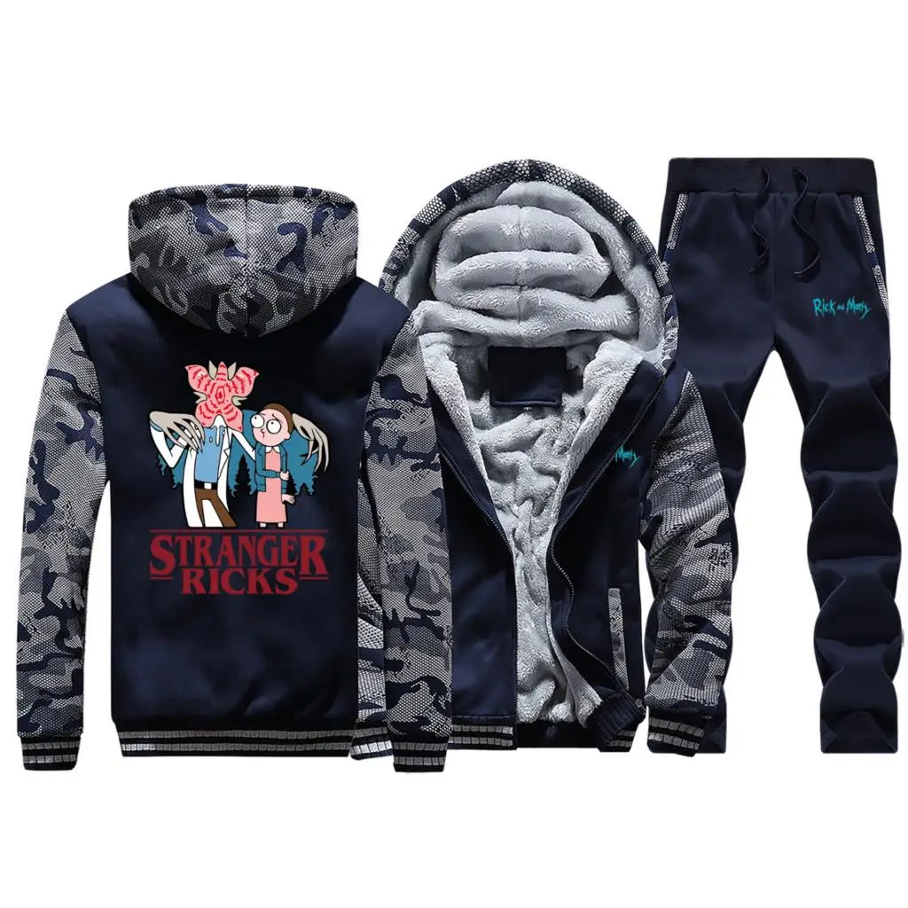 Stranger Things Rick And Morty Winter New Camouflage Men Hooded Sportswear Coat Thick Suit Jacket Warm+Pants 2 Piece Set - Цвет: Dark Blue