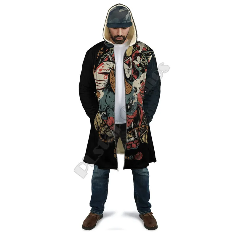 Mask Tattoo 3D Over Printed Cloak Hoodie Cloak for Men and Women Winter Fleece Wind Breaker Warm Hood Cloak