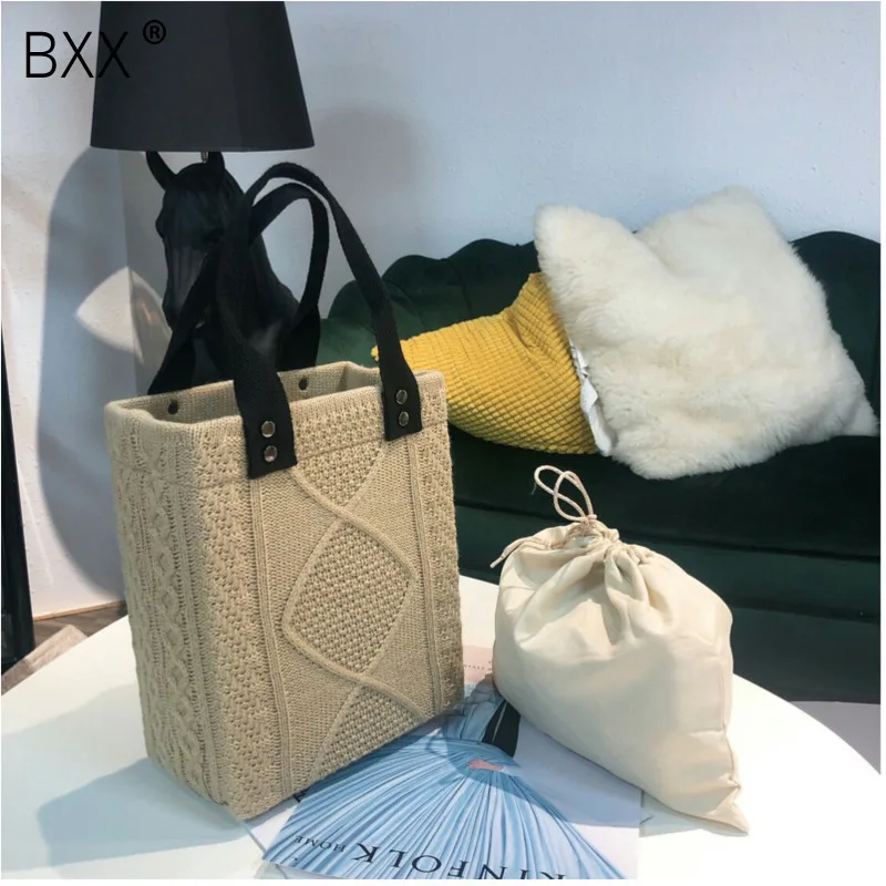 

[BXX]Women Single Shoulder Bag All-match Large Capacity Composite Bag 2019 Autumn Winter Brand Designer Knitting Wool Bags HI319