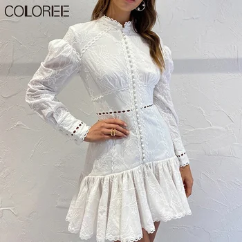 

Designer Runway White Mini Dress 2020 Autumn Vintage Stand Collar Lantern Long Sleeve Short Mermaid Party Dress Lady Vistidos