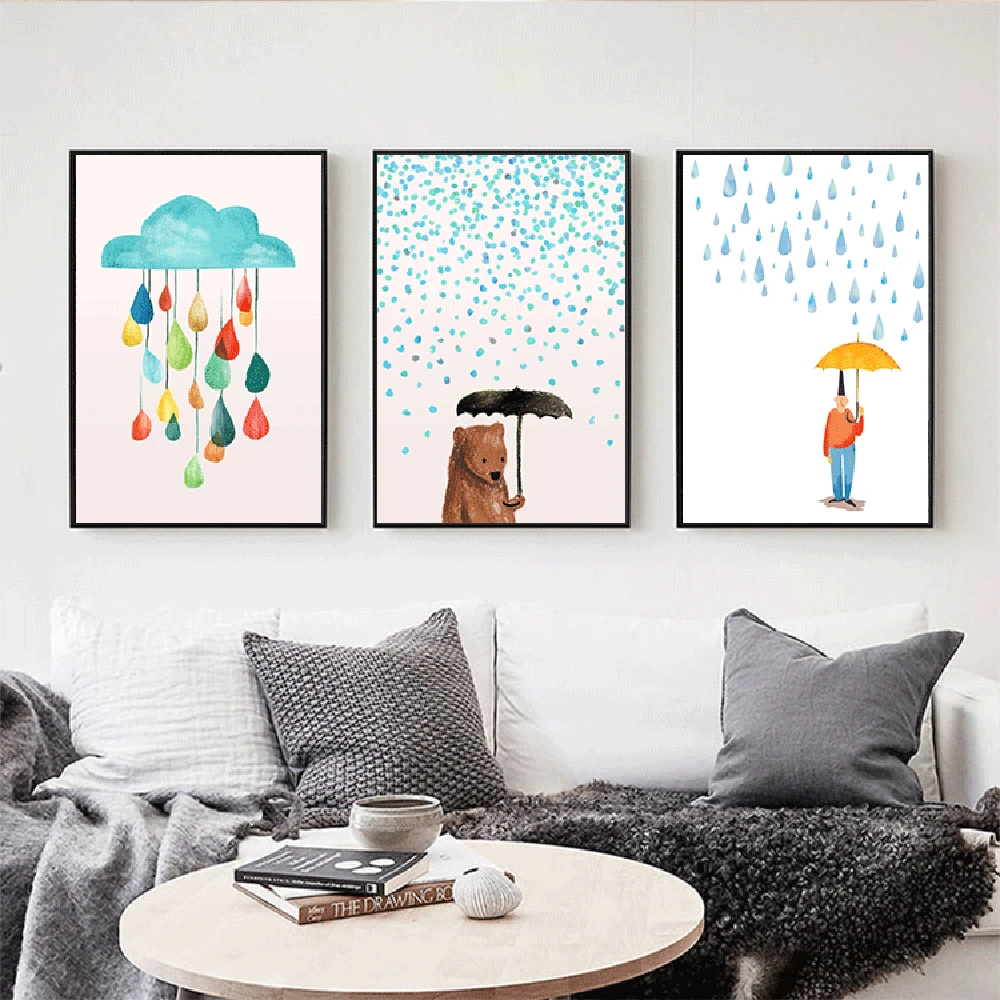 Creative Nordic Simple Cartoon Animal Walking In The Rain Painting