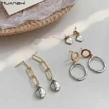 HUANZHI 2020 nowe koreańskie proste metalowe złoto srebro kolor nieregularne kolczyki błyszczące kolczyki dla kobiet dziewczyna Party biżuteria tanie tanio Ze stopu miedzi CN (pochodzenie) Kolczyki-sztyfty Kobiety TRENDY moda