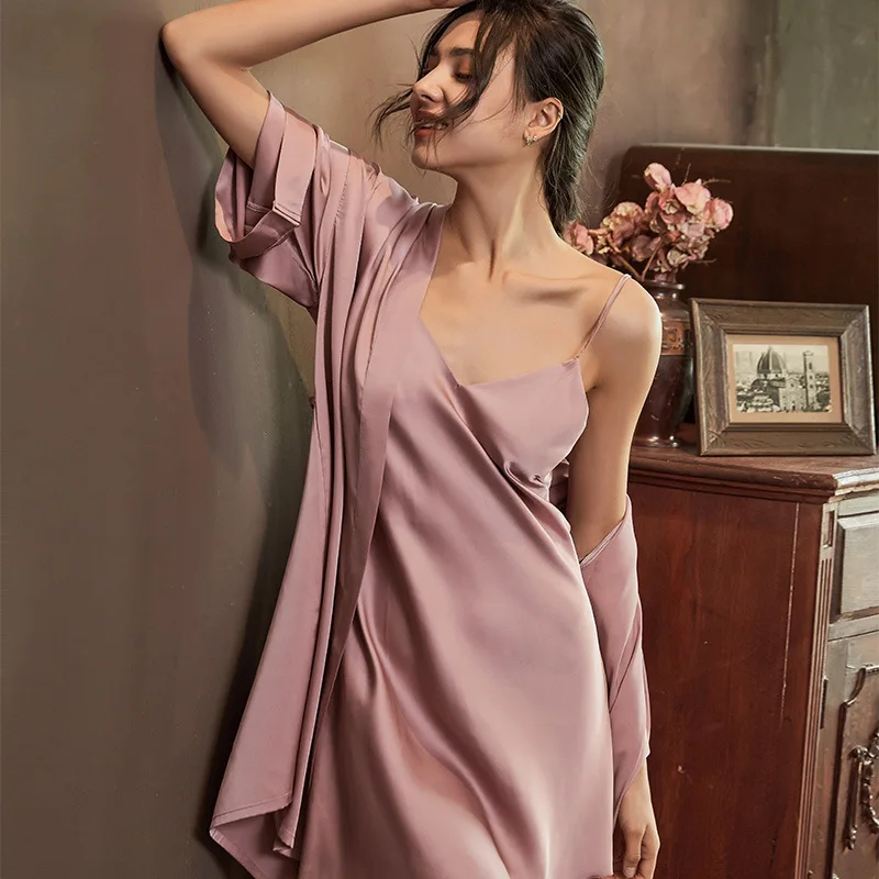 Solid Color Sleepwear Intimate Lingerie Sexy Homewear Nighty&robe Women 2Pcs Robe Nightdress Set Rayon Silk Bathrobe Nightgown