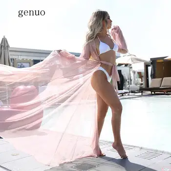 

Summer Women Mesh Cover Up Solid Bikini Sarong Swimwear Female Waistband Beachwear Long Sleeve Ladies Bathing Suit Cover-Up