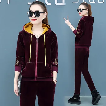 

Autumn and winter Womens jacket 2 Piece Sweatsuits Tracksuits Fashion Velvet Outfits Hoodie & Pant Zip Sweatshirt Jogging Suit