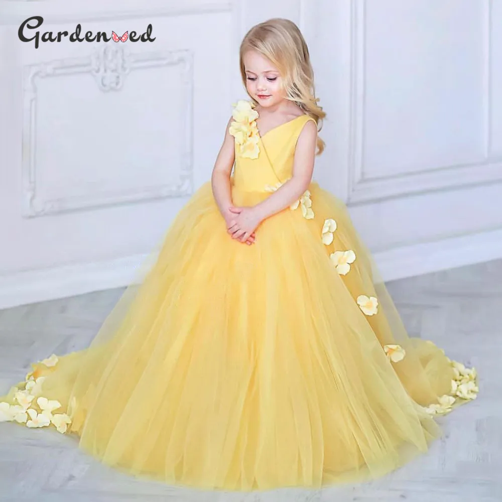 

Тюлевое желтое Пышное Платье с цветами для девочек, милое платье на день рождения для девочек, блестящее платье для свадебной вечеринки для девочек, платье для первого причастия