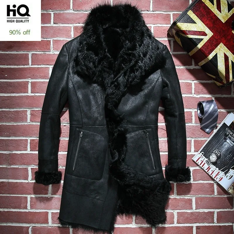 

2020 High Quality Mens Natural Shearling Long Coat Winter Slim Fit Warm Real Fur Lining Overcoat Hunting Genuine Leather Jacket
