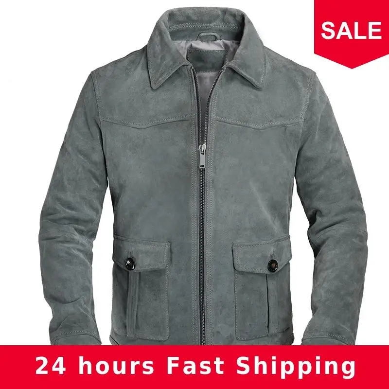 

2020 Blue Men Fashion Casual Leather Jacket Two Pockets Large Size XXXL Genuine Cowhide Autumn Slim Fit Russian Leather Coat