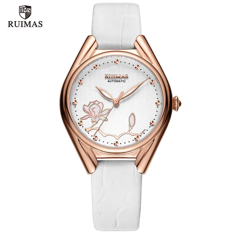 RUIMAS Роскошные автоматические часы женские Топ брендовые кожаные механические наручные часы женские водонепроницаемые Relogio Feminino 6774 - Цвет: RL6774L-White