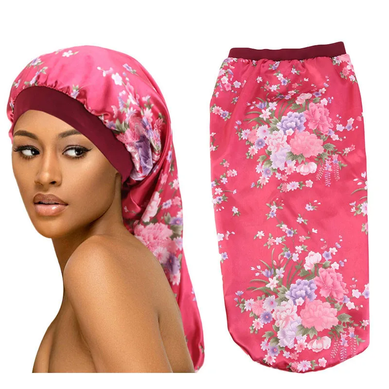 New fashion Long Satin Bonnet Sleep Cap with high elastic hair band Night Cap Hair Care Bonnet Nightcap for Women Men chemo Cap