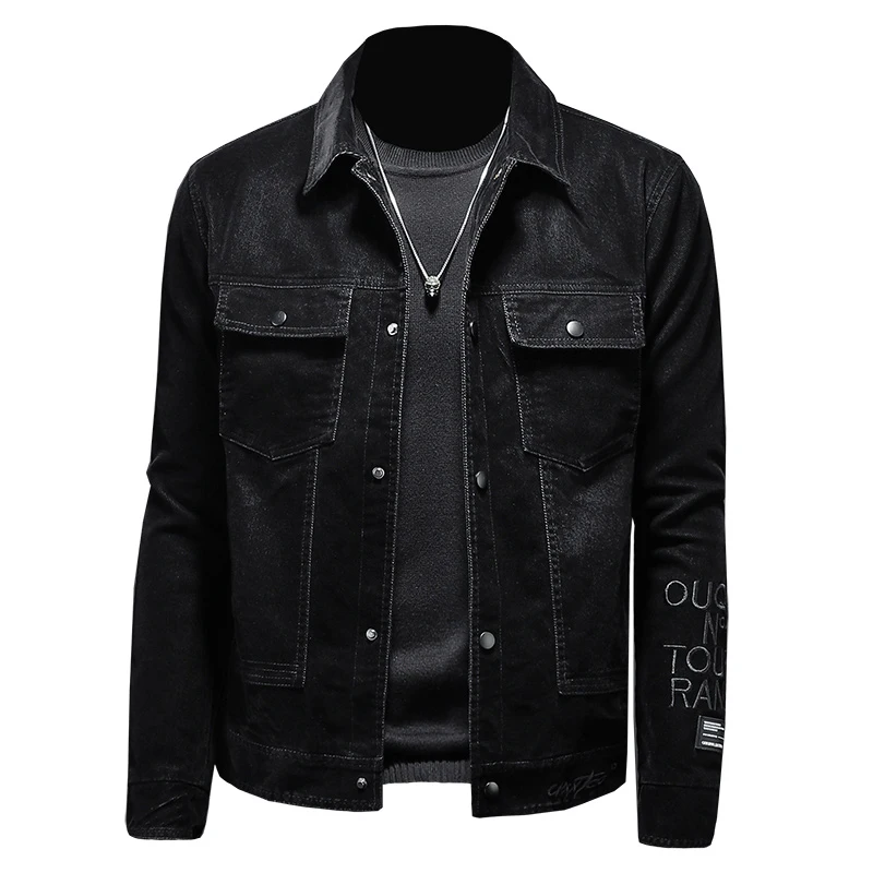 

Зимние джинсовые куртки 2022, мужское джинсовое пальто с лацканами и вышивкой букв, бархатная утепленная приталенная мотоциклетная куртка-бомбер черного цвета