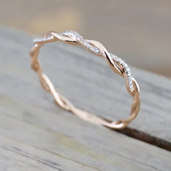 Thin String Twist Ring Rose Gold Color Mini Finger Ring Micro Crystal Full Pave Setting Nobility Cute Jewelry