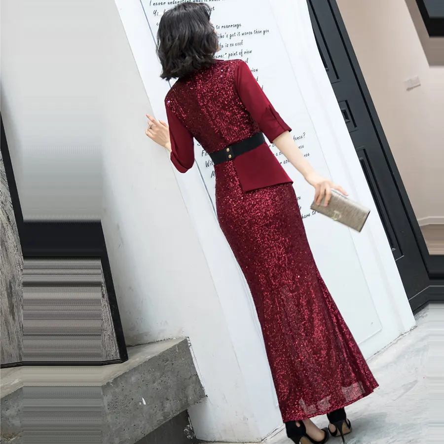 It's Yiiya Evening Dress Ruched V-Neck Plus Size Three Quarter Sleeve Dress Woman Party Mermaid Sequined Robe De Soiree K036