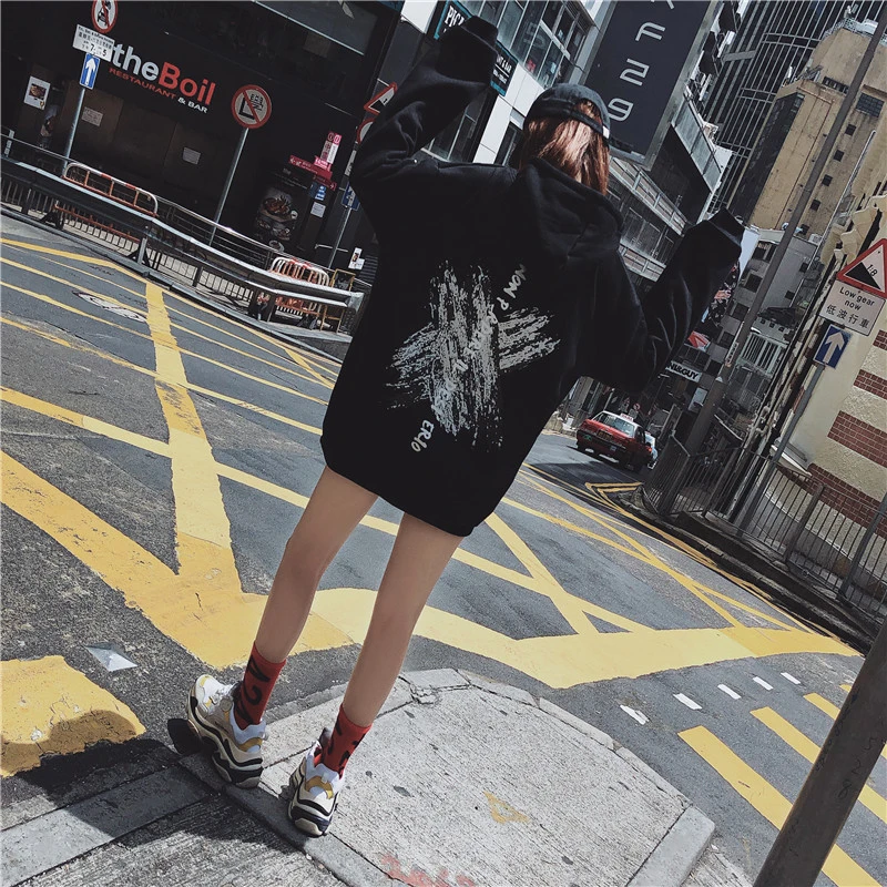 Осенне-зимняя флисовая толстовка с капюшоном Harajuku пуловер с принтом плотные свободные женские толстовки трендовый Свитшот женское повседневное пальто Большие размеры 3XL