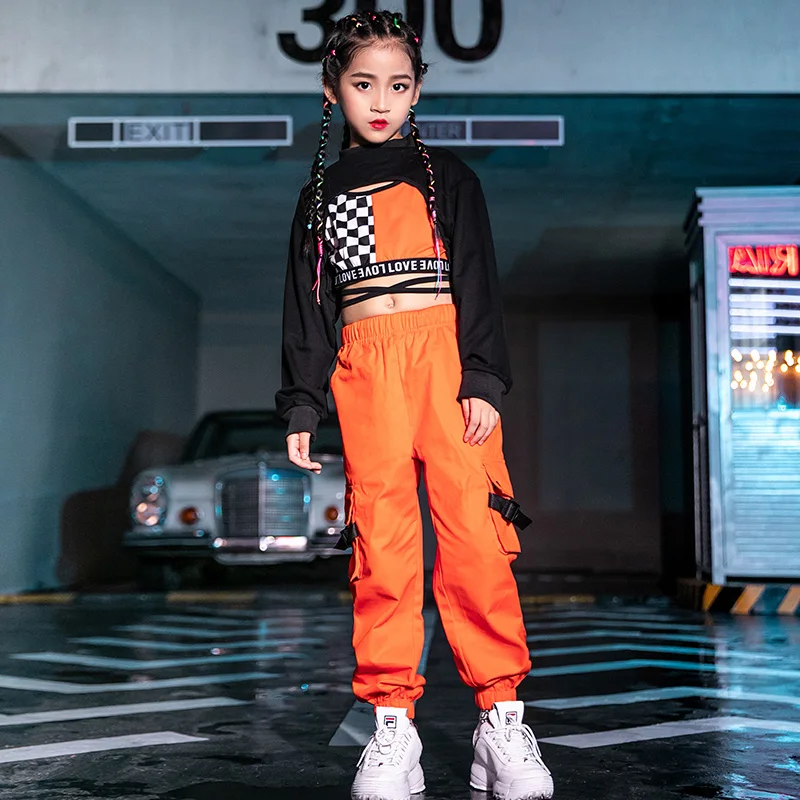 Hip Hop Dance Costumes For Kids Street Dance Clothes Orange Kpop Outfits Girls Modern Cheerleader Stage Performance Wear DN4097