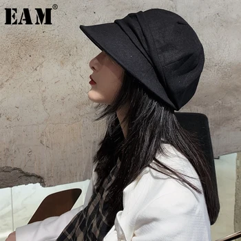 

[EAM] Women Black Pleated Stitch Fishermen Hat New Round Dome Temperament Fashion Tide All-match Spring Autumn 2020 JQ808