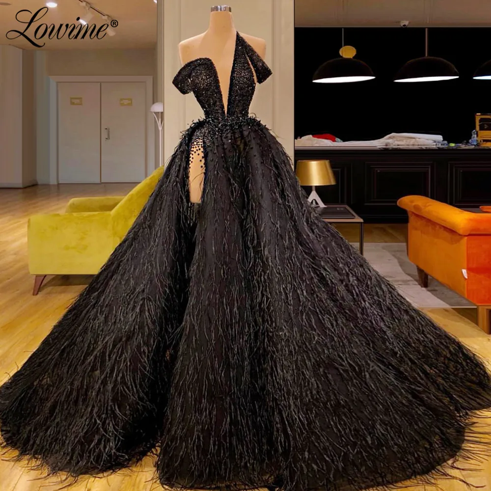 

Feathers Black Glitter Evening Dresses V Neck Sexy Party Dress Abiye Gece Elbisesi Custom Beading A Line Long Prom Dresses 2020
