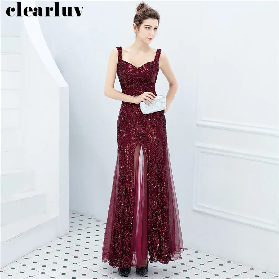 

Sling Formal Gowns Sleeveless Backless Women Party Dress DX270-3 Plus Size Robe De Soiree Burgundy V-Neck Sequins Evening Dress