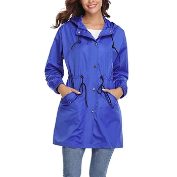 

Women's Plus Size Long Sleeve Hooded Pocket Casual Cardigan Mini Jacket Coat Elastic Waist Lace Up Tops Windbreaker lady Blue S