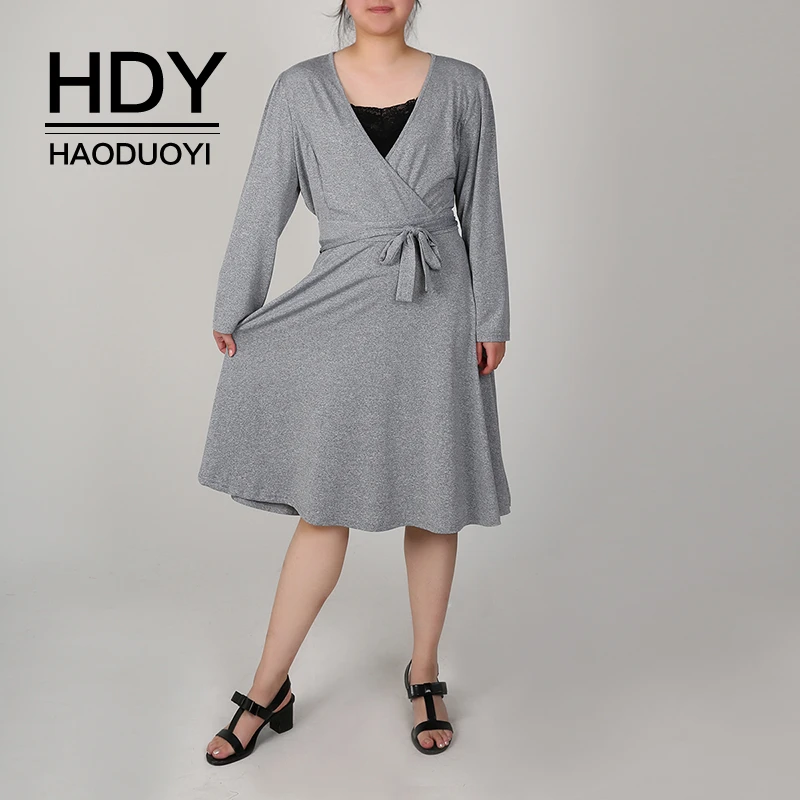 

HDY Haoduoyi Simple Small Fragrance V-neck Wrap Style Tie Waist Slimming Cover Plus Size Solid Women A-line Dress