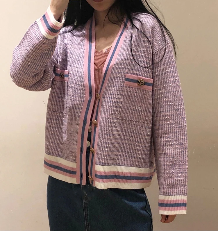 

Women Sweater 2020 Spring / Summer New V-neck Mixed Lavender Wool Knitted Cardigan Jacket Women