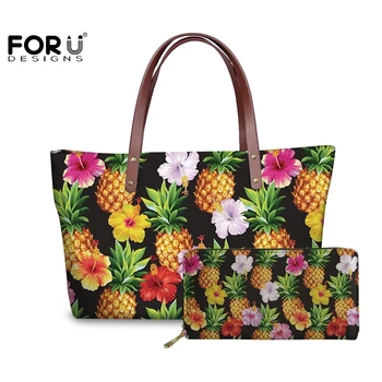 

FORUDESIGNS Tropical Pineapple With Hibiscus Floral Handbags Big&Leather Purse Long Set Soft Tote Bags Zipper Wallets For Female