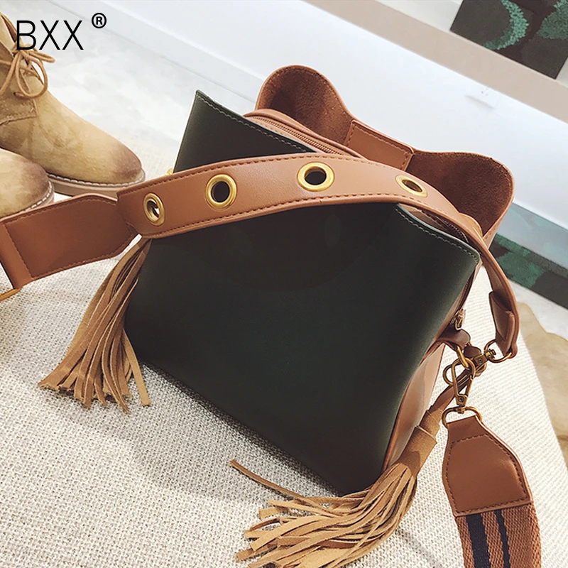 

[BXX] Quality PU Leather Crossbody Bucket Bags For Women 2020 Spring Tassel Design Shoulder Messenger Bags Lady Handbags HK334