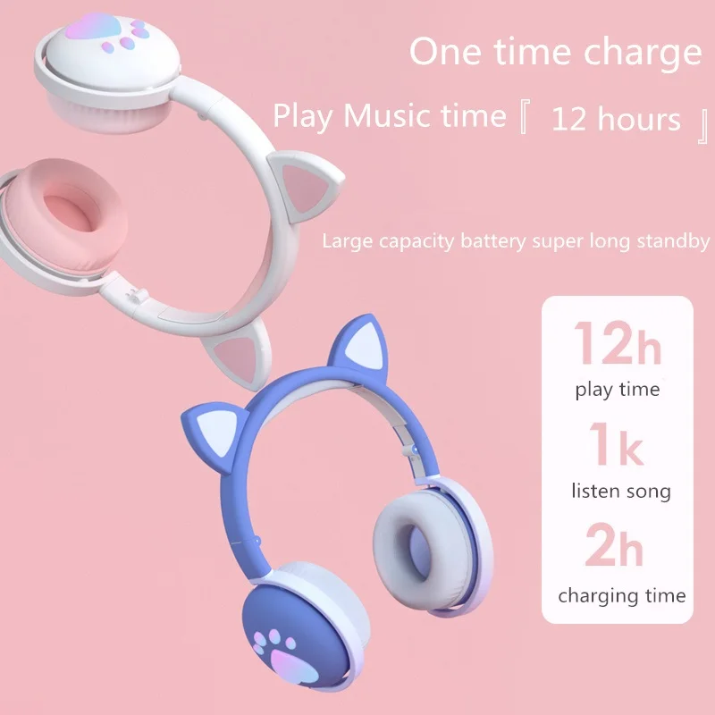 New Bluetooth Wireless HIFI Stereo Bass 3.5mm Plug glowing cute LED Cat Ear Paw With Mic Headphones For Girls Kids Gift