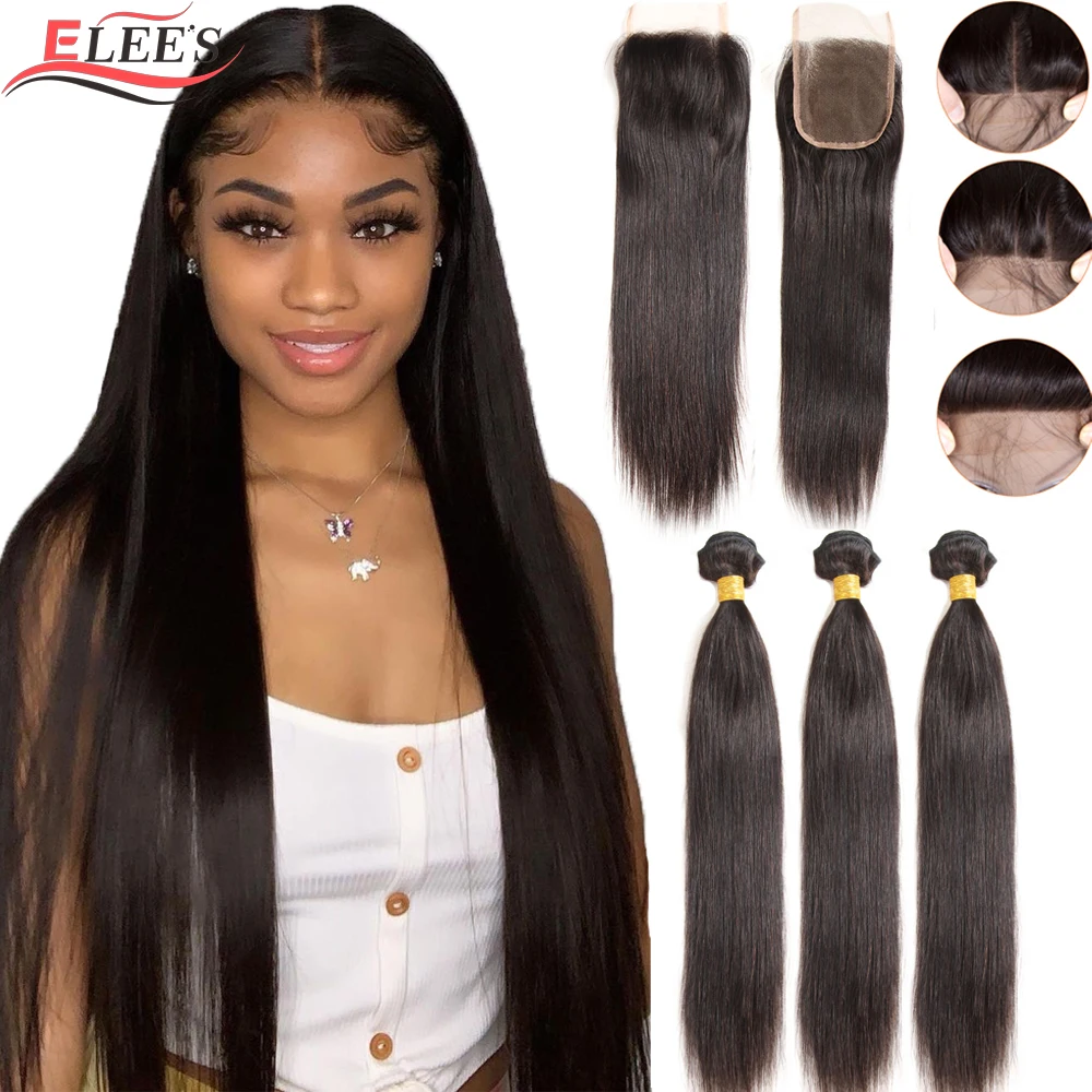 Elees hueso recto paquetes con cierre paquetes de armadura de pelo brasileño con cierre pelo humano paquetes con cierre de cabello Remy