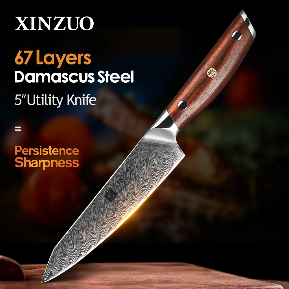 XINZUO 5" Utility Knife Damascus Professional Kitchen Knives Japanese High Carbon Stainless Steel Fruit Knife Rosewood Handle