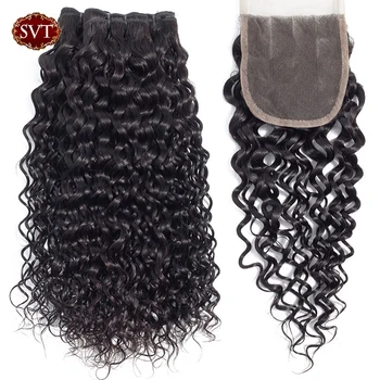 

SVT Hair Indian Water Wave Bundles With Closure 4Pcs/Lot 8-26" Middle Ratio Non-Remy Human Hair Bundles With Closure