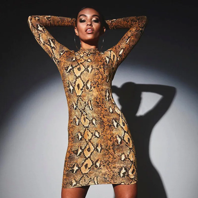 

GUMNHU Women Clothes 2019 Short DressVintage Turtleneck Sheath Leopard Print Min Dresses Autumn Bandage Party Elegant Vestidos