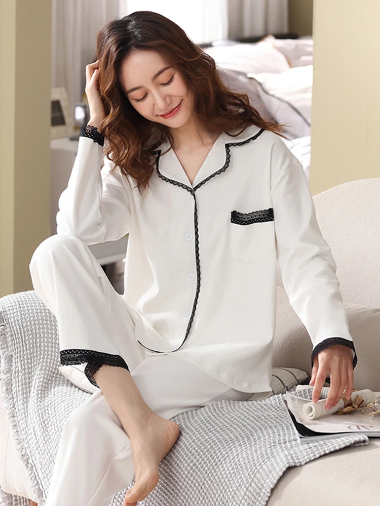 

100% Cotton Pajamas for Women Winter White Lace Patchwork Retro Pijama Warm Sleepwear PJ Autumn Black Pure Cotton Pyjama Femme