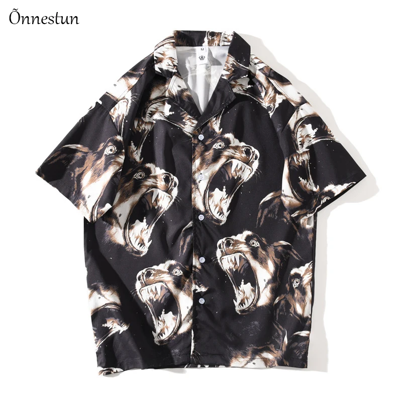 

Onnestun New Hip hop Short Sleeve Shirt Men Street Hawaii Beach Fierce dog print Women Tops Fashion Harujuku Lovers Shirts Men