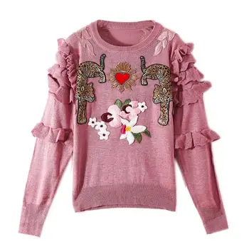 

Autumn 2019 new European and American women's wear Embroidered flowers with long sleeves and round collar Knitting sweater