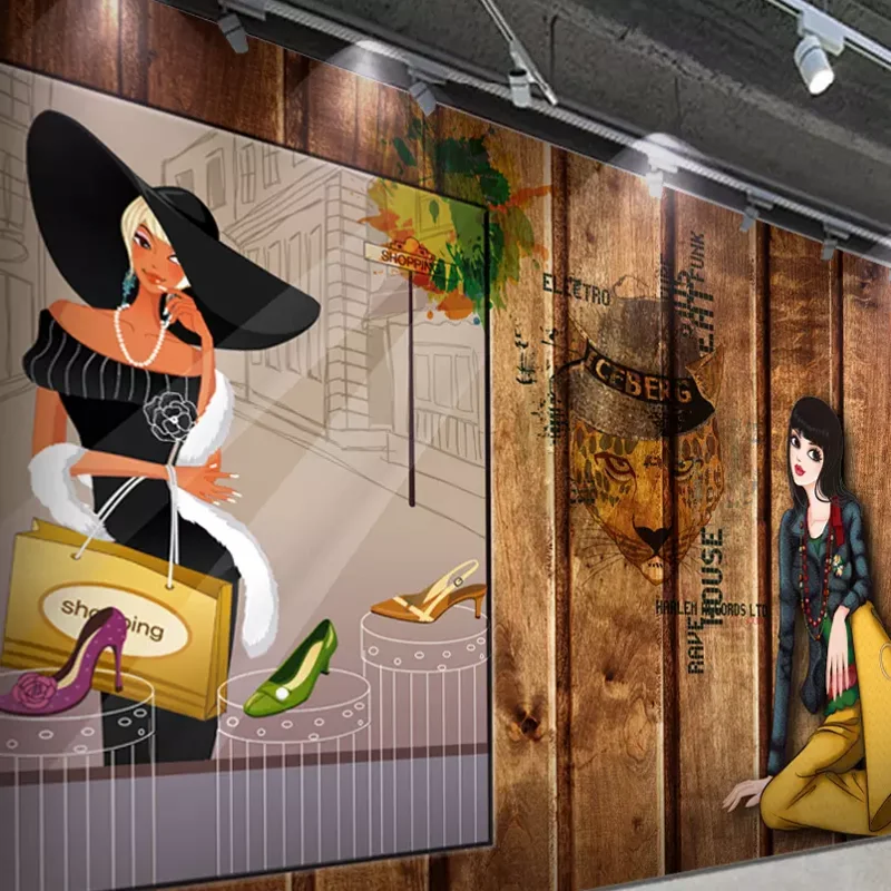 

Dropship Dropship Custom 3D Plank Retro Wall Clothing Shop Mall Tooling Background Character Shopping Mall Mural Wallpaper