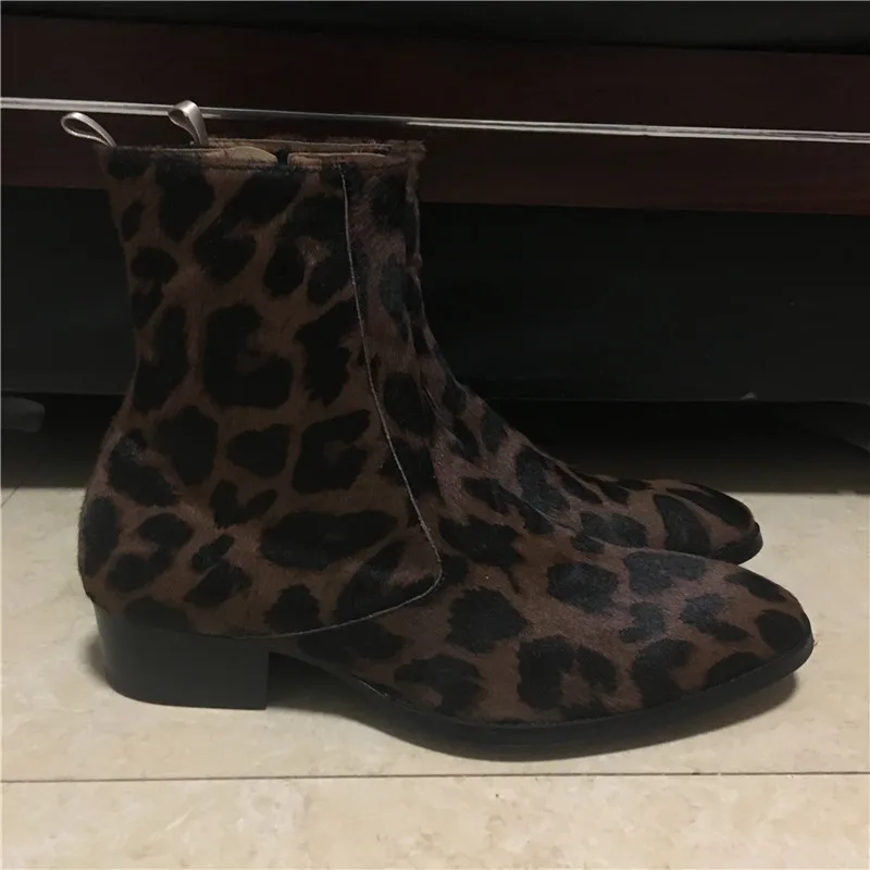 Brown Leopard Print suede wedge zipper boots western style cowhide suede brogue formal business men Boots