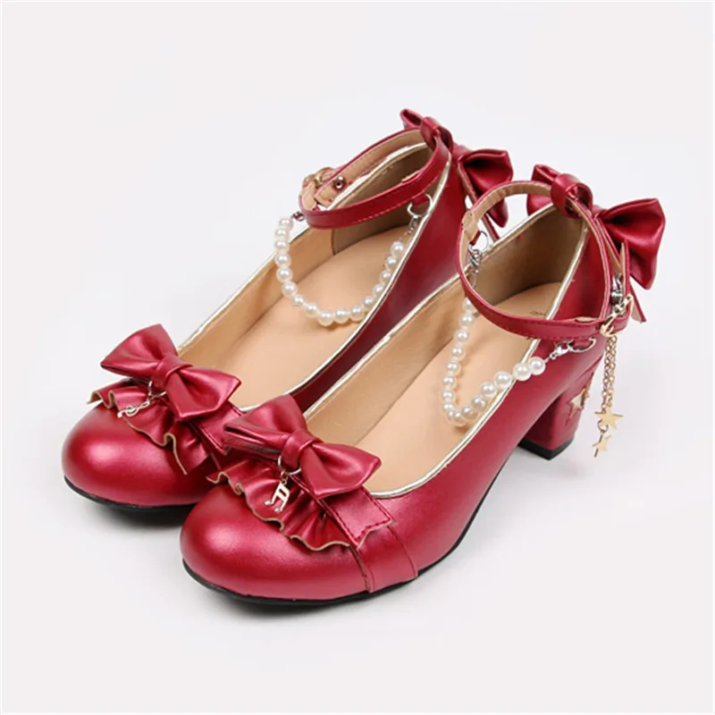 Милые женские туфли в стиле Лолиты; женские туфли-лодочки в винтажном стиле на высоком каблуке с милым кружевным бантом; белые свадебные туфли принцессы для костюмированной вечеринки - Цвет: Red U04