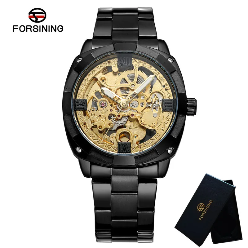 FORSINING автоматические механические часы мужские военные спортивные мужские часы лучший бренд роскошные стальные скелетные водонепроницаемые мужские наручные часы 019 - Цвет: FS01906 with box