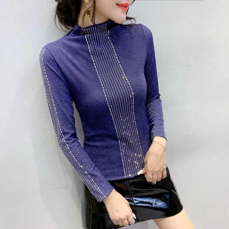 Blue tshirt Корейская одежда, сексуальная блестящая футболка с бриллиантами,, весна-осень, женские хлопковые топы, яркая рубашка с длинным рукавом, ropa mujer, футболки T9D803 - Цвет: Blue tshirt