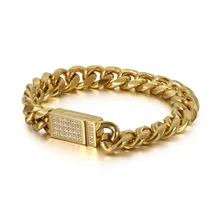 Хип-хоп панк-рок золото Нержавеющая сталь байкерские Браслеты для Для мужчин с украшением в виде кристаллов Стразы Шарм Серебряный кубинский цепь браслет ювелирные изделия