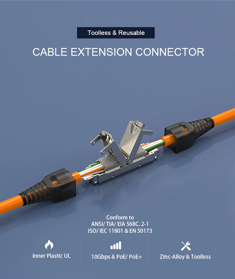 Tool-less RJ45 LAN Cable Extension Connector - Cat5e, Cat6A, Cat7 Network Extender Junction Adapter Description Image.