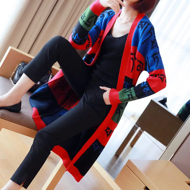 Korean Loose Hit Color Letter Sweater Coat Female Autumn Winter Ladies Fashion Large Size Long Knit Cardigan Chaqueta f2052
